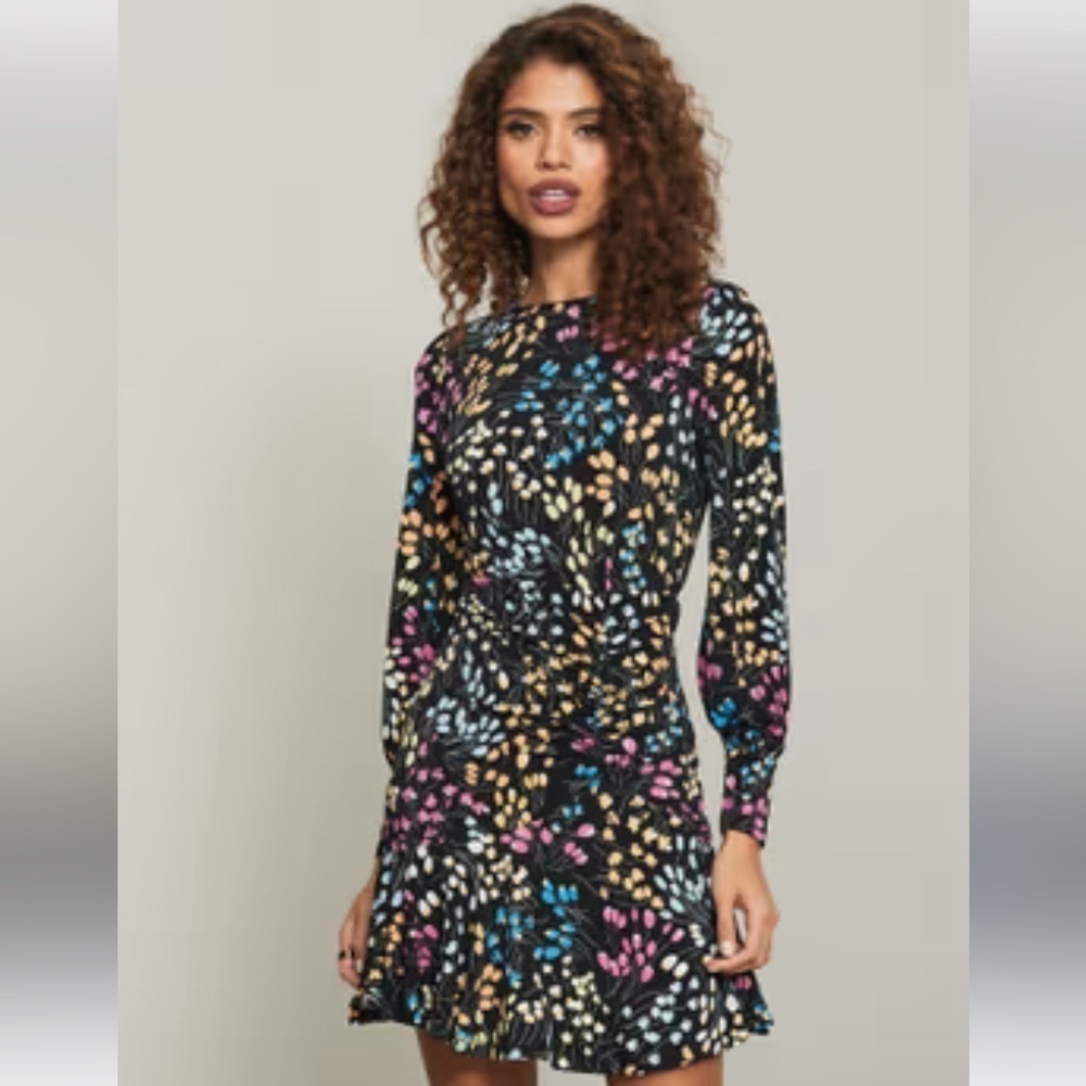 Lipsy London Bright Blossom Ruched Long Sleeve Mini Dress Floral Black 10
